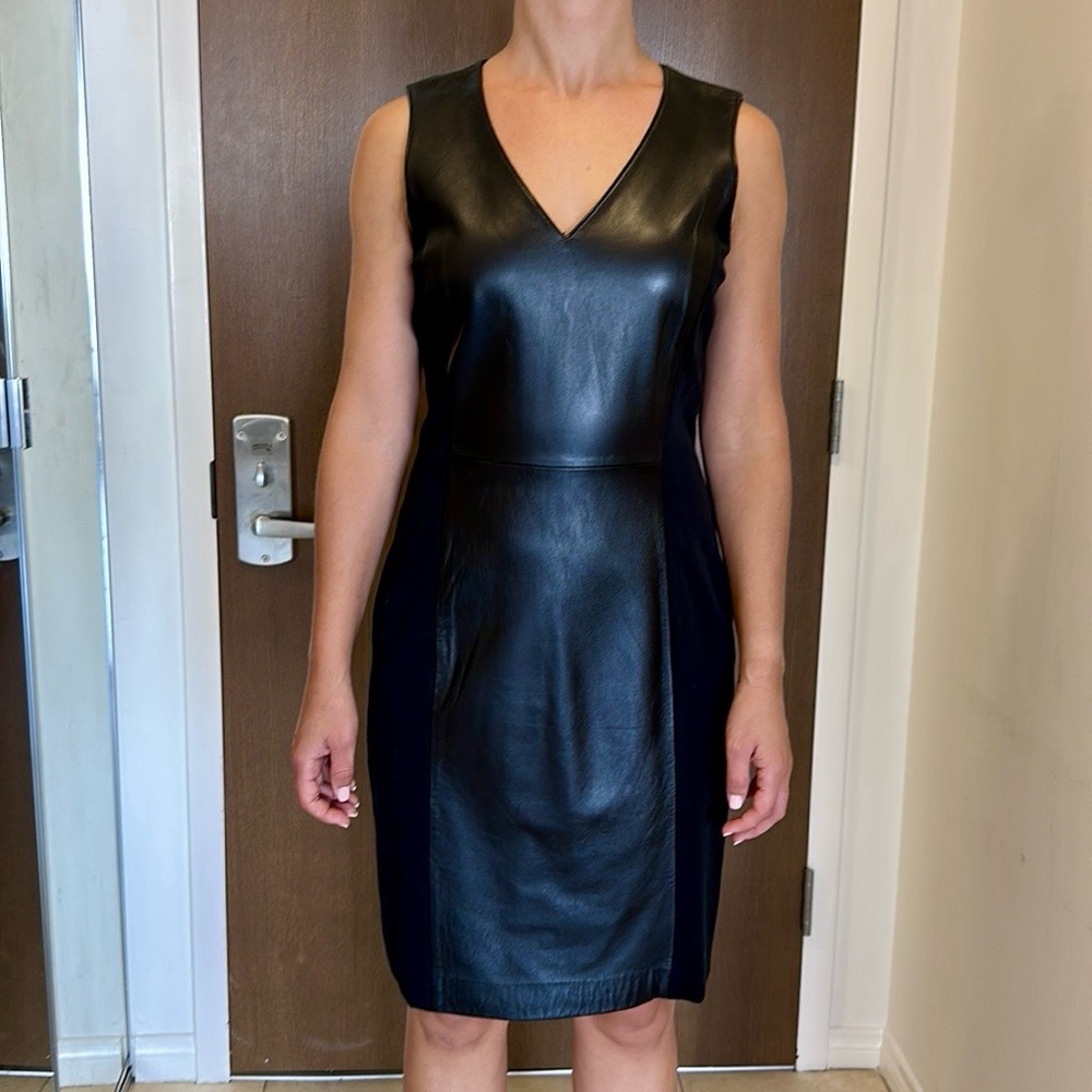 Banana Republic Black Leather Midline Panel V Neck Fit Dress Hidden Back Zipper
